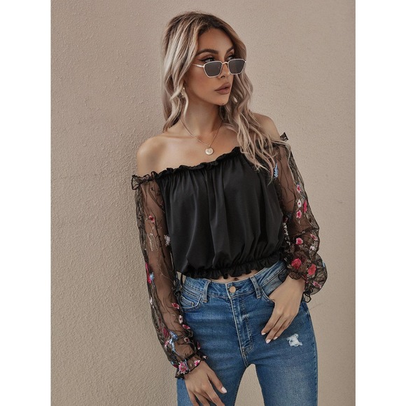 off the shoulder long sleeve sheer Flower Mesh Embroidered Sleeve black Top - Picture 6 of 7